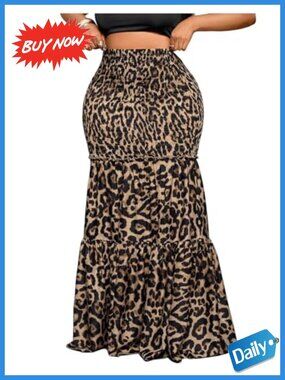 Plus Size Maxi Skirt High Waist Smocked Ruffle Hem Long Bodycon Skirt